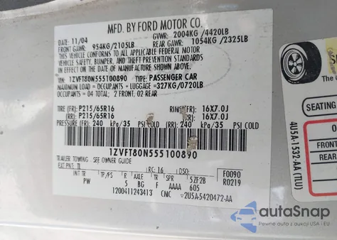 2005 Ford Mustang V6 Deluxe/V6 Premium из США, поврежденный, VIN 1ZVFT80N555100890